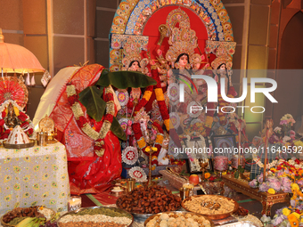 An adorned idol of the Goddess Durga is present during the Durga Puja festival at a pandal (temporary temple) in Mississauga, Ontario, Canad...