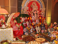 An adorned idol of the Goddess Durga is present during the Durga Puja festival at a pandal (temporary temple) in Mississauga, Ontario, Canad...