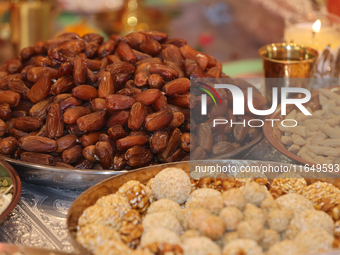 Offerings to the Goddess Durga are seen during the Durga Puja festival at a pandal (temporary temple) in Mississauga, Ontario, Canada, on Oc...