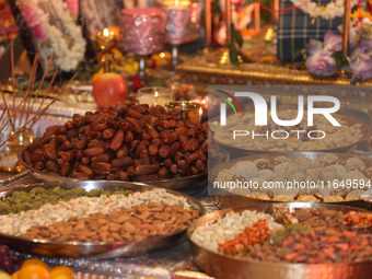 Offerings to the Goddess Durga are seen during the Durga Puja festival at a pandal (temporary temple) in Mississauga, Ontario, Canada, on Oc...