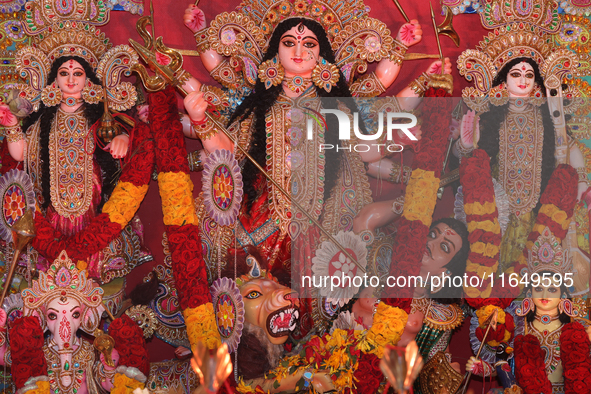 An adorned idol of the Goddess Durga is present during the Durga Puja festival at a pandal (temporary temple) in Mississauga, Ontario, Canad...