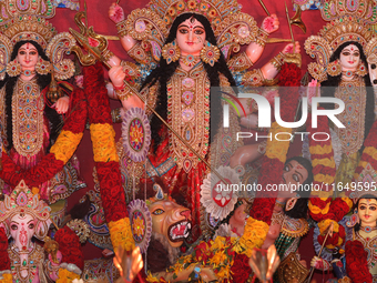 An adorned idol of the Goddess Durga is present during the Durga Puja festival at a pandal (temporary temple) in Mississauga, Ontario, Canad...