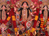 An adorned idol of the Goddess Durga is present during the Durga Puja festival at a pandal (temporary temple) in Mississauga, Ontario, Canad...