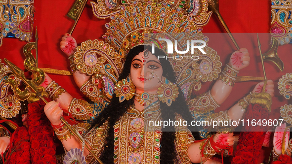 An adorned idol of the Goddess Durga is present during the Durga Puja festival at a pandal (temporary temple) in Mississauga, Ontario, Canad...