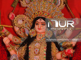 An adorned idol of the Goddess Durga is present during the Durga Puja festival at a pandal (temporary temple) in Mississauga, Ontario, Canad...