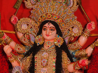 An adorned idol of the Goddess Durga is present during the Durga Puja festival at a pandal (temporary temple) in Mississauga, Ontario, Canad...