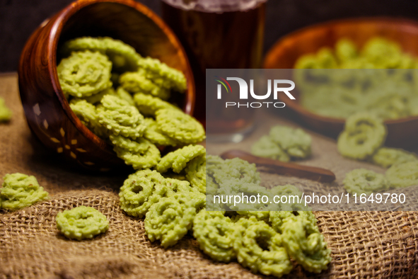 Palak murukku (spinach murukku) is in Toronto, Ontario, Canada, on October 8, 2024. Murukku is a savory, crunchy snack originating from the...