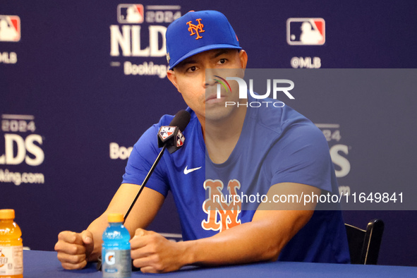 New York Mets pitcher Jose Quintana speaks to the media during a press conference before the baseball game against the Philadelphia Phillies...