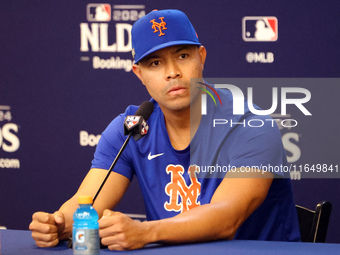 New York Mets pitcher Jose Quintana speaks to the media during a press conference before the baseball game against the Philadelphia Phillies...