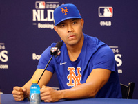 New York Mets pitcher Jose Quintana speaks to the media during a press conference before the baseball game against the Philadelphia Phillies...