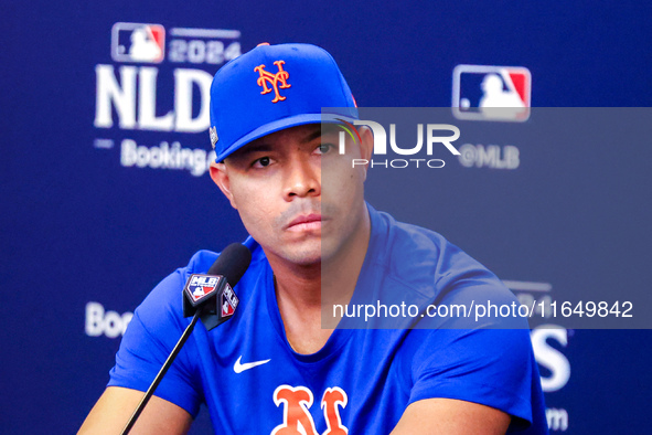 New York Mets pitcher Jose Quintana speaks to the media during a press conference before the baseball game against the Philadelphia Phillies...