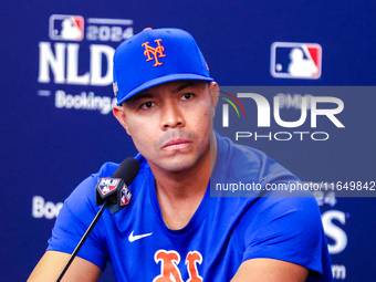 New York Mets pitcher Jose Quintana speaks to the media during a press conference before the baseball game against the Philadelphia Phillies...