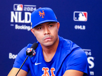 New York Mets pitcher Jose Quintana speaks to the media during a press conference before the baseball game against the Philadelphia Phillies...