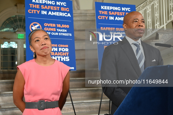 New York City Mayor Eric Adams (Right) holds a news conference with Maria Torres-Springer (Left) at City Hall in Manhattan, New York, United...