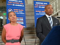 New York City Mayor Eric Adams (Right) holds a news conference with Maria Torres-Springer (Left) at City Hall in Manhattan, New York, United...