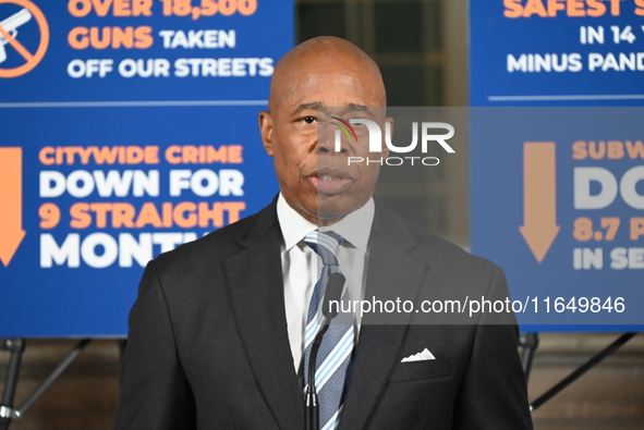 New York City Mayor Eric Adams holds a news conference with Maria Torres-Springer at City Hall in Manhattan, New York, United States, on Oct...