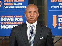 New York City Mayor Eric Adams holds a news conference with Maria Torres-Springer at City Hall in Manhattan, New York, United States, on Oct...