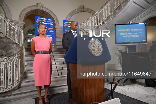 New York City Mayor Eric Adams (Right) holds a news conference with Maria Torres-Springer (Left) at City Hall in Manhattan, New York, United...