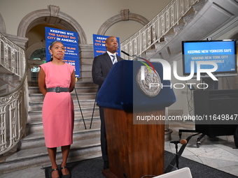 New York City Mayor Eric Adams (Right) holds a news conference with Maria Torres-Springer (Left) at City Hall in Manhattan, New York, United...