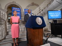 New York City Mayor Eric Adams (Right) holds a news conference with Maria Torres-Springer (Left) at City Hall in Manhattan, New York, United...