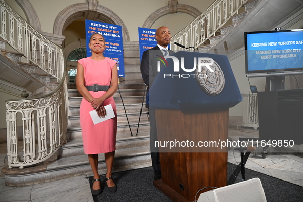 New York City Mayor Eric Adams (Right) holds a news conference with Maria Torres-Springer (Left) at City Hall in Manhattan, New York, United...