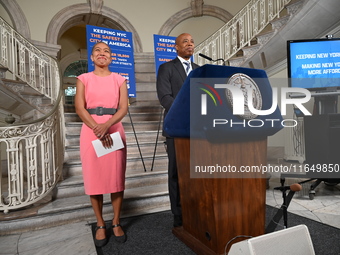 New York City Mayor Eric Adams (Right) holds a news conference with Maria Torres-Springer (Left) at City Hall in Manhattan, New York, United...