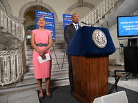 New York City Mayor Eric Adams (Right) holds a news conference with Maria Torres-Springer (Left) at City Hall in Manhattan, New York, United...