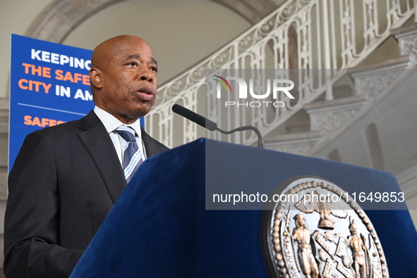 New York City Mayor Eric Adams holds a news conference with Maria Torres-Springer at City Hall in Manhattan, New York, United States, on Oct...