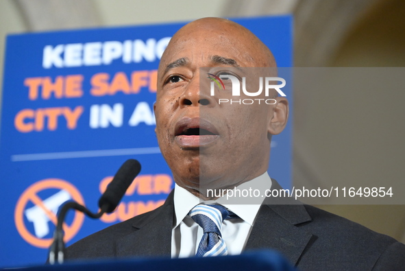 New York City Mayor Eric Adams holds a news conference with Maria Torres-Springer at City Hall in Manhattan, New York, United States, on Oct...