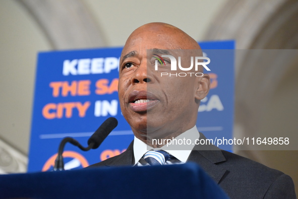 New York City Mayor Eric Adams holds a news conference with Maria Torres-Springer at City Hall in Manhattan, New York, United States, on Oct...