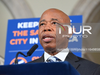 New York City Mayor Eric Adams holds a news conference with Maria Torres-Springer at City Hall in Manhattan, New York, United States, on Oct...