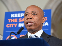 New York City Mayor Eric Adams holds a news conference with Maria Torres-Springer at City Hall in Manhattan, New York, United States, on Oct...