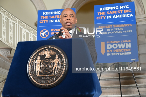 New York City Mayor Eric Adams holds a news conference with Maria Torres-Springer at City Hall in Manhattan, New York, United States, on Oct...