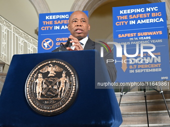 New York City Mayor Eric Adams holds a news conference with Maria Torres-Springer at City Hall in Manhattan, New York, United States, on Oct...