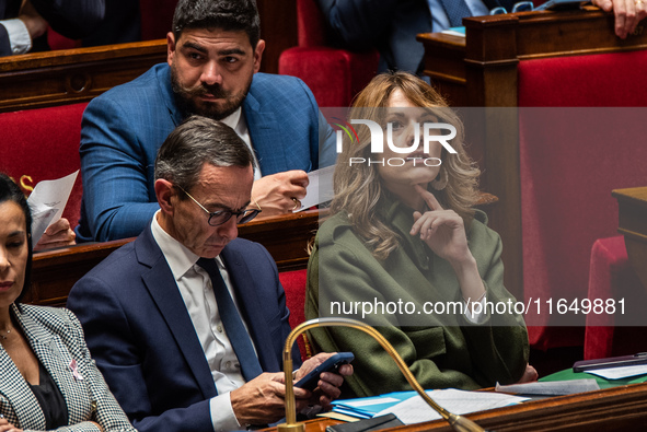 Maud Bregeon, Minister attached to the Prime Minister and Government Spokesperson, is in the French Parliament on the day of Prime Minister...