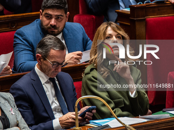 Maud Bregeon, Minister attached to the Prime Minister and Government Spokesperson, is in the French Parliament on the day of Prime Minister...