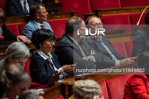 Former President of the Republic and Socialist MP Francois Hollande is at the National Assembly on the day of the no-confidence vote against...