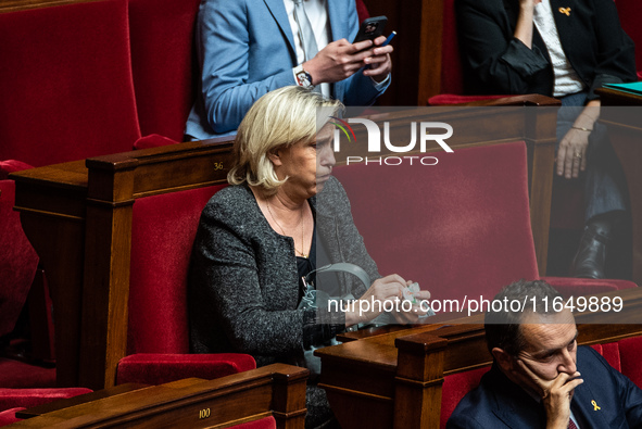 Rassemblement National leader Marine Le Pen at the National Assembly on the day of the no-confidence vote against Prime Minister Michel Barn...