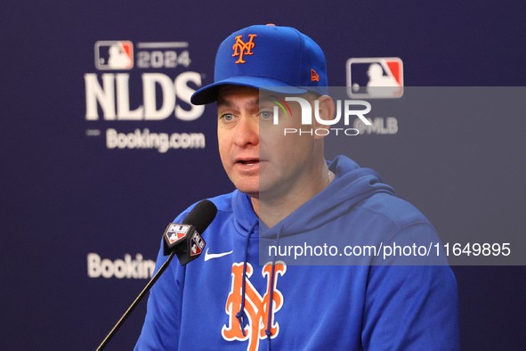 New York Mets manager Carlos Mendoza #64 speaks to the media during a press conference before the baseball game against the Philadelphia Phi...