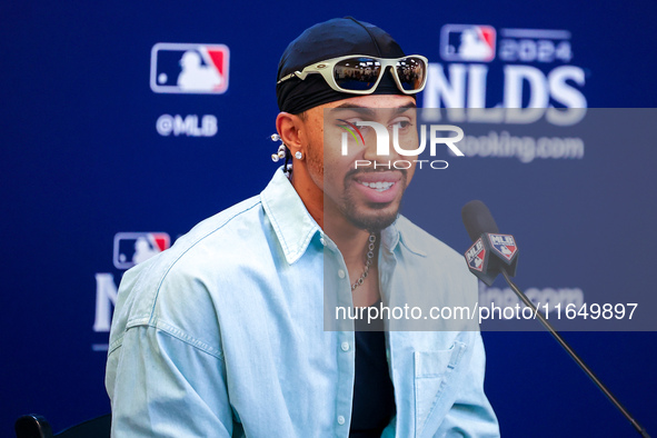 Francisco Lindor #12 of the New York Mets speaks to the media during a press conference before the baseball game against the Philadelphia Ph...