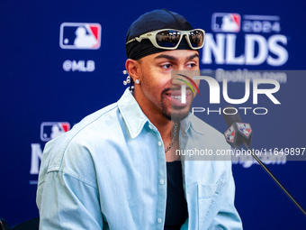 Francisco Lindor #12 of the New York Mets speaks to the media during a press conference before the baseball game against the Philadelphia Ph...