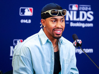 Francisco Lindor #12 of the New York Mets speaks to the media during a press conference before the baseball game against the Philadelphia Ph...