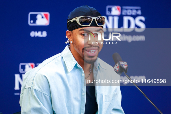 Francisco Lindor #12 of the New York Mets speaks to the media during a press conference before the baseball game against the Philadelphia Ph...