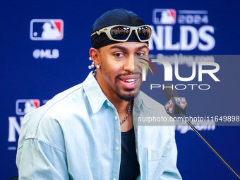 Francisco Lindor #12 of the New York Mets speaks to the media during a press conference before the baseball game against the Philadelphia Ph...