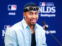 Francisco Lindor #12 of the New York Mets speaks to the media during a press conference before the baseball game against the Philadelphia Ph...