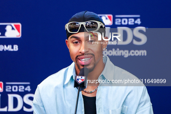 Francisco Lindor #12 of the New York Mets speaks to the media during a press conference before the baseball game against the Philadelphia Ph...