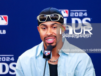 Francisco Lindor #12 of the New York Mets speaks to the media during a press conference before the baseball game against the Philadelphia Ph...