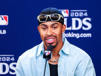 Francisco Lindor #12 of the New York Mets speaks to the media during a press conference before the baseball game against the Philadelphia Ph...