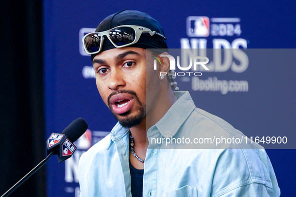 Francisco Lindor #12 of the New York Mets speaks to the media during a press conference before the baseball game against the Philadelphia Ph...