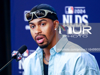 Francisco Lindor #12 of the New York Mets speaks to the media during a press conference before the baseball game against the Philadelphia Ph...